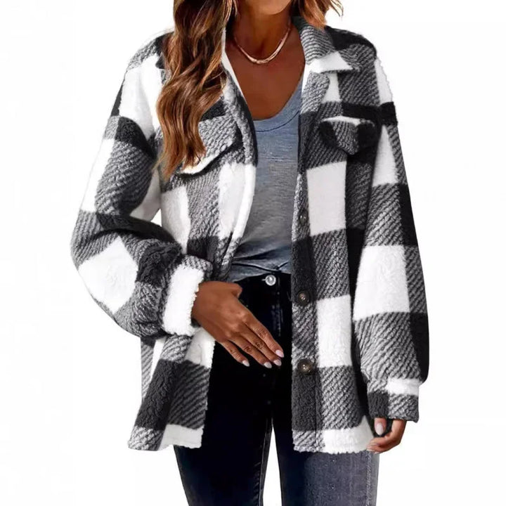 Chic women's oversized fleece plaid shacket, button-front, ideal for casual fashion.