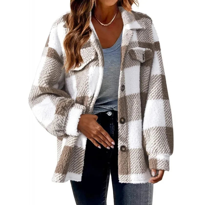 Cozy women's fleece plaid shacket, oversized fit, perfect for casual outerwear.
