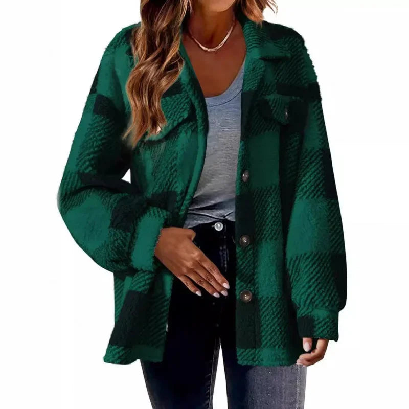 Everyday women's oversized fleece plaid shacket, cozy button-up and stylish streetwear.