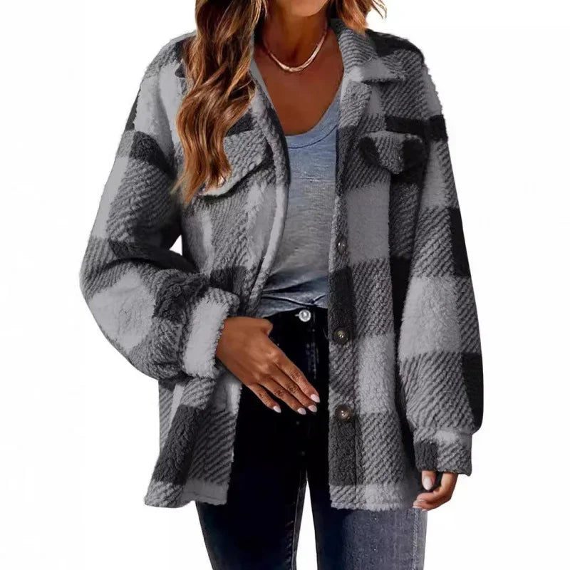 Women's oversized fleece plaid shacket, soft, warm, and a fashionable button-up top.