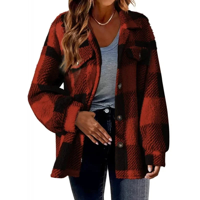Stylish women's oversized plaid shacket, button-up fleece for streetwear fashion.