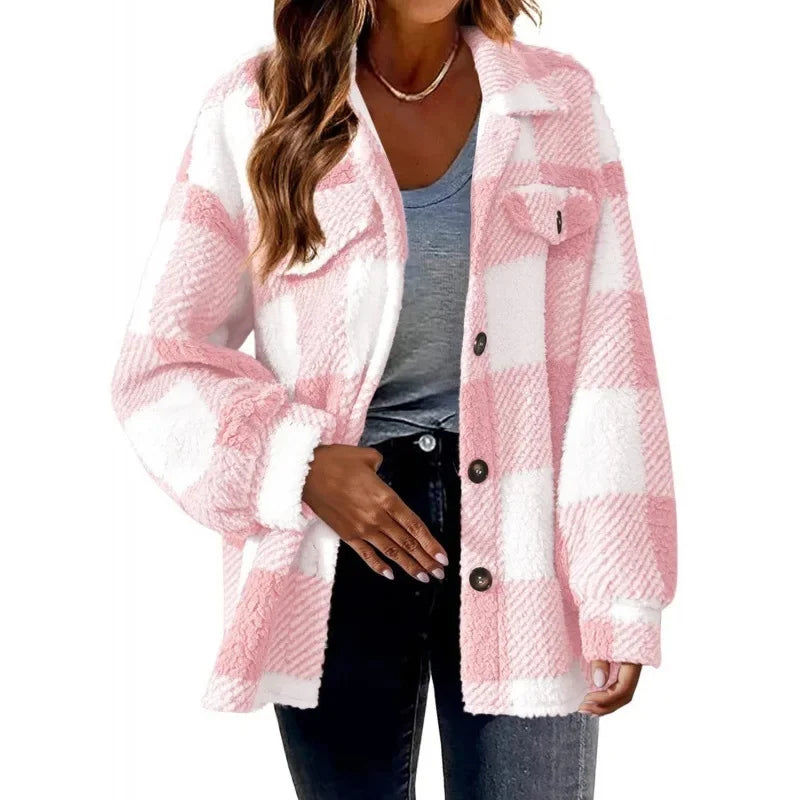 Warm women's button-up fleece plaid shacket, ideal for fall winter casual wear.