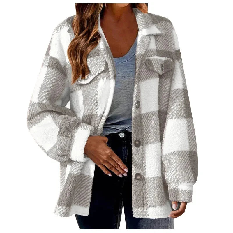 Women's oversized fleece plaid shacket, a soft and warm top, great for layering.