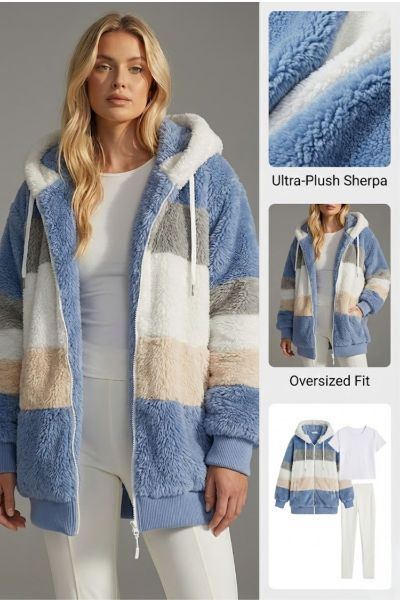 Women's oversized teddy jacket with striped hood, perfect for cozy winter fashion and urban chic.