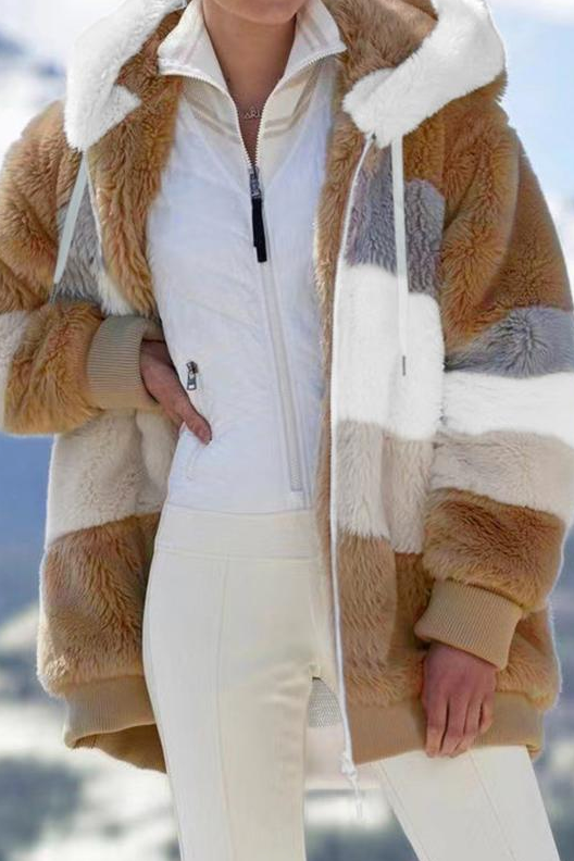 Cozy women's oversized teddy coat with a striped hood, an urban chic layering jacket & statement piece.
