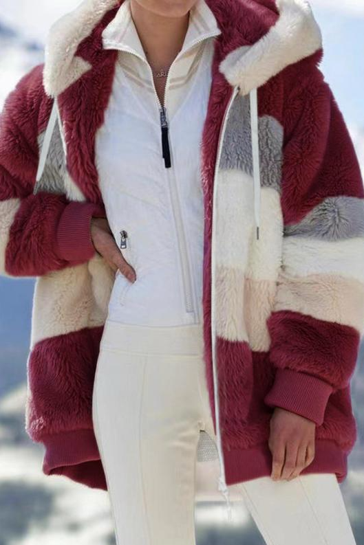 Women's soft oversized teddy jacket, featuring a distinctive striped hood for winter fashion.