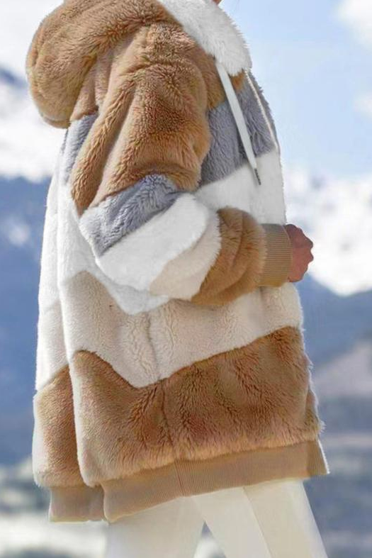 Trendy women's oversized teddy jacket, comfortable & warm with a striped hood for seasonal wear.