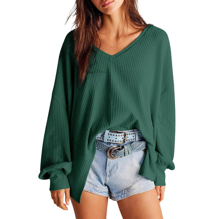 Women's oversized waffle knit V-neck pullover sweater in light gray, perfect for casual wear