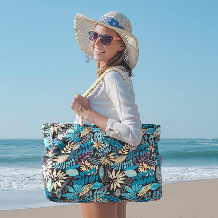 Spacious sandproof women's tote, ideal for beach, gym, travel.