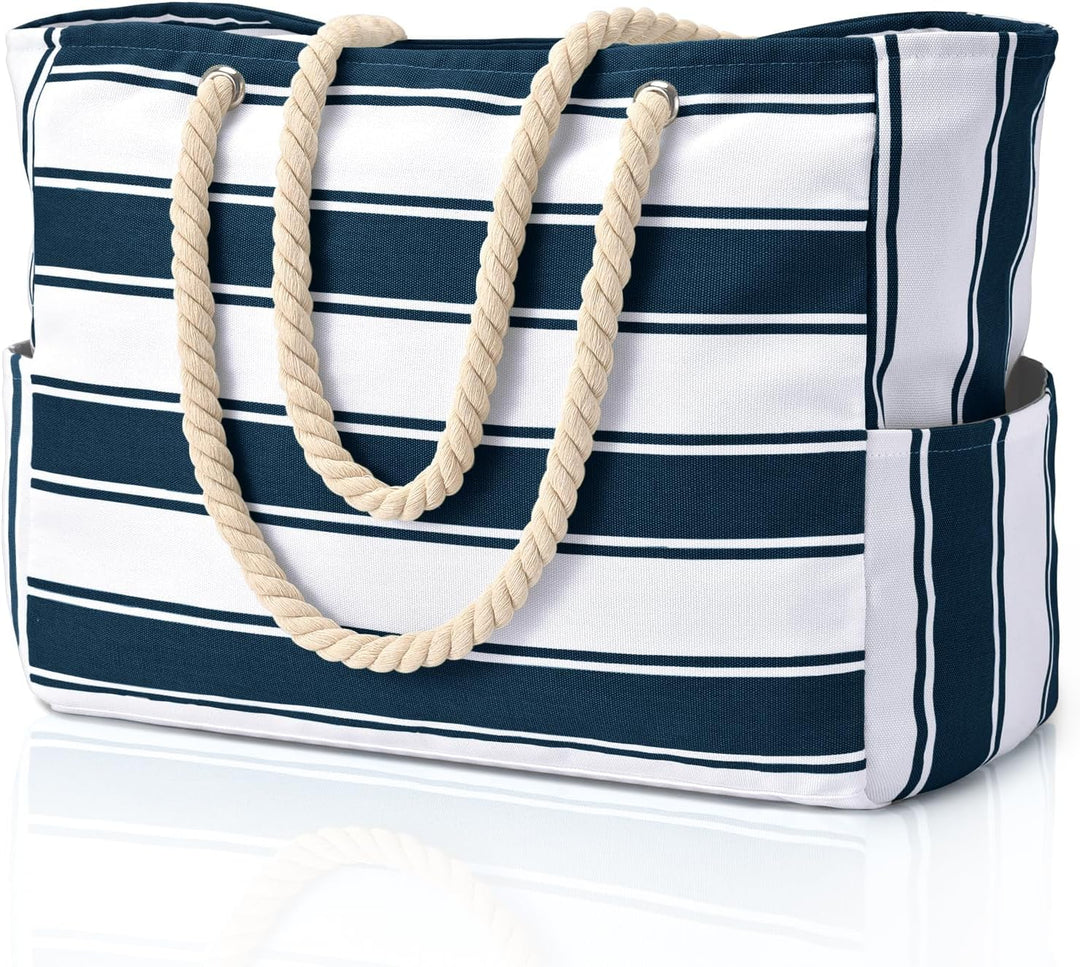 Spacious sandproof beach tote, easy to carry with comfortable straps.