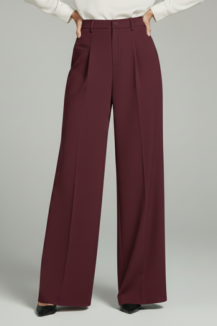 Premium women's apparel: palazzo trousers with front pleats and back pockets for ultimate style.