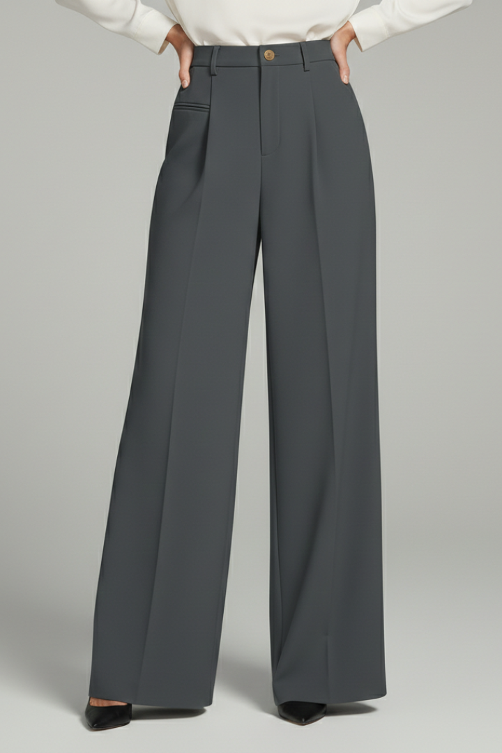 Fashionable women's wide-leg pants, featuring elegant front pleats & functional back pockets.