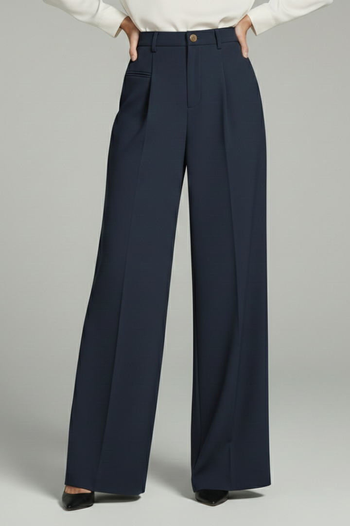 Modern women's palazzo trousers, designed with flattering front pleats & useful back pockets.