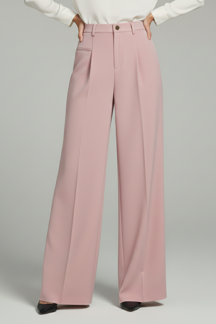 Relaxed fit women's palazzo pants, featuring classic front pleats and practical back pockets.