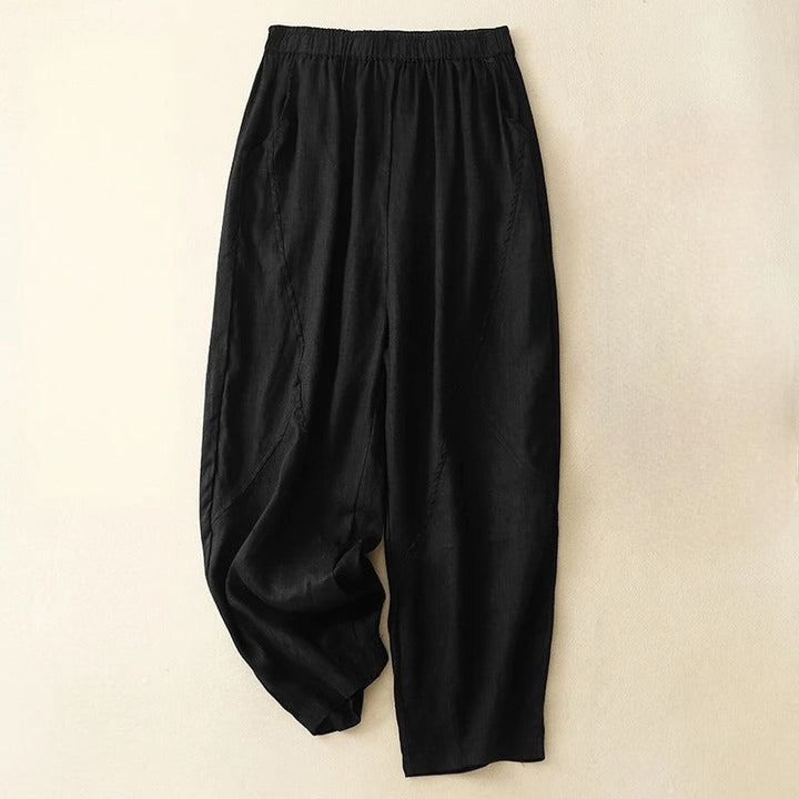 Close-up of the fabric texture of Palermo women's linen blend pants, showing flowy material