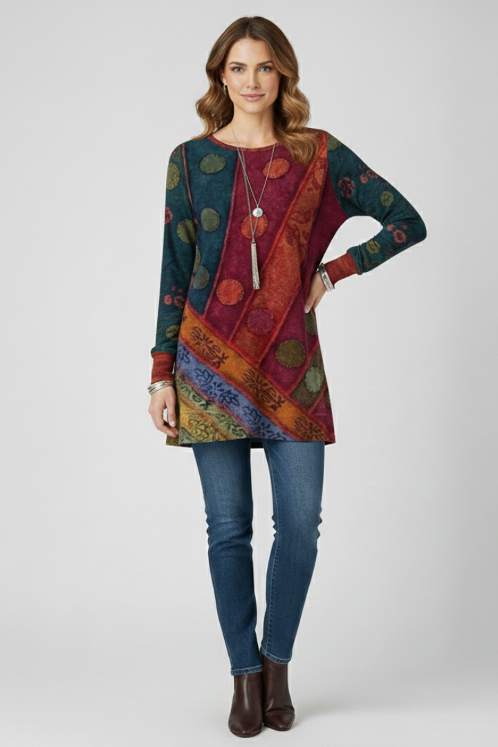 Versatile women's patchwork tunic top, relaxed fit, long sleeves, great for autumn & spring casual outfits.
