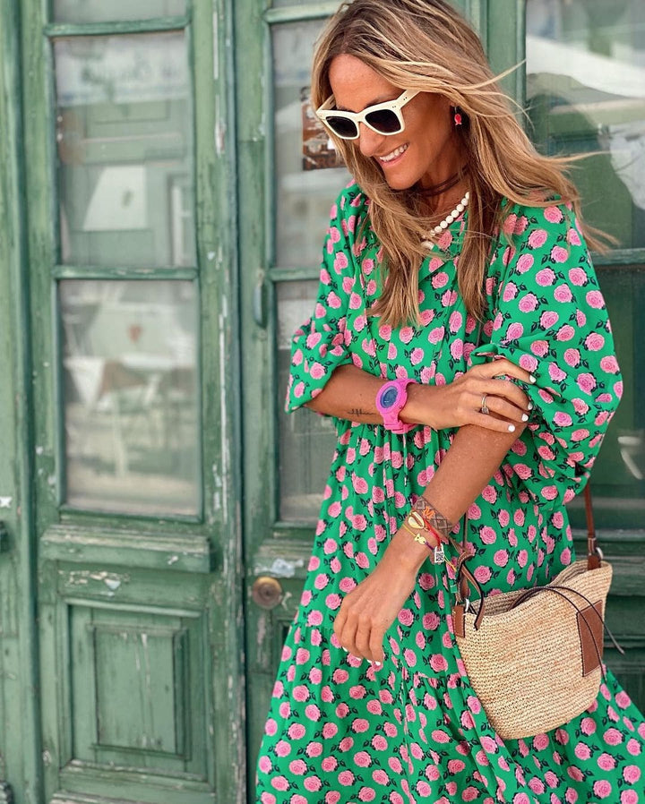 Elegant long sleeve V-neck maxi dress with a unique pattern, a comfortable & flowy spring dress for women.