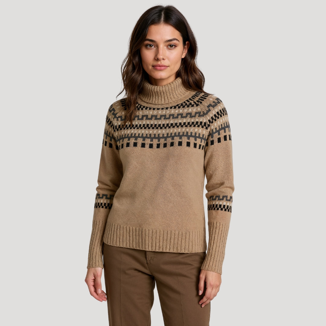 Women's patterned turtleneck knit pullover sweater in brown and beige, ideal for casual spring elegance.