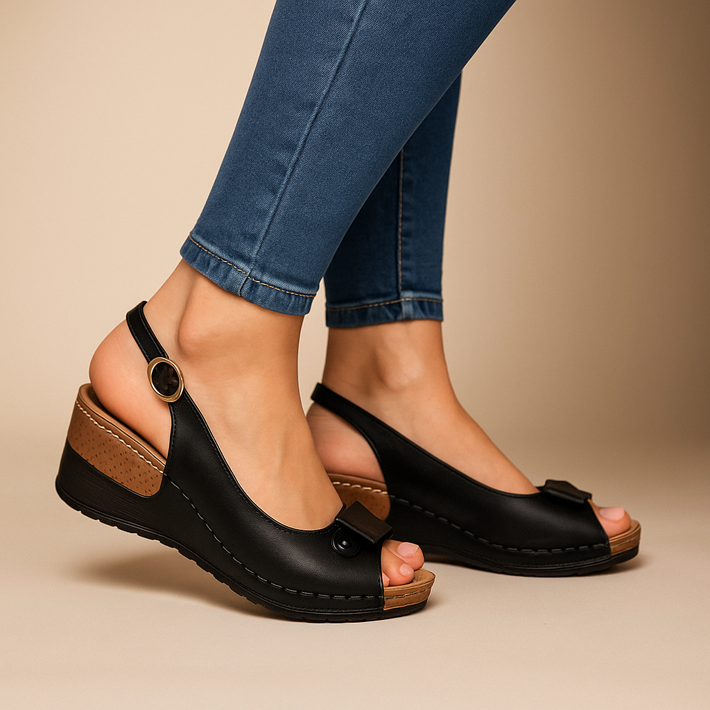 Fashionable women's peep toe wedge slingback sandals, great for summer casual chic and comfortable style.