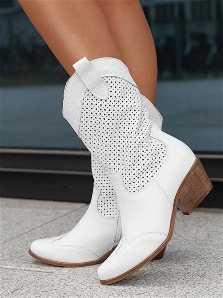 Women's perforated western mid-calf boots. Stylish cowgirl footwear with low heel for comfort & fashion.