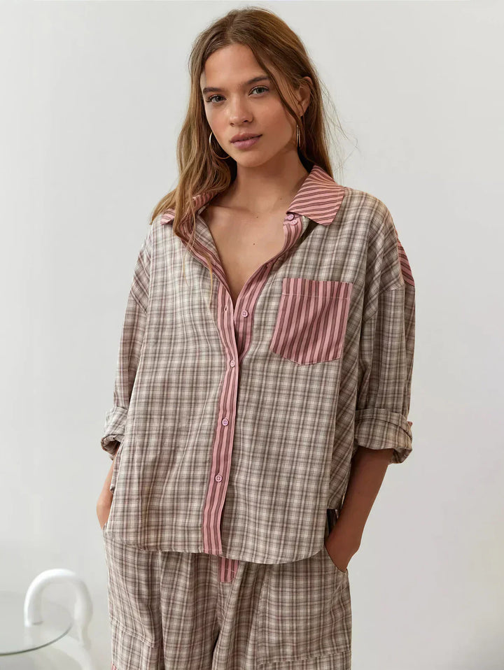 Women's pink & blue plaid two-piece set, casual spring outfit with matching top and shorts