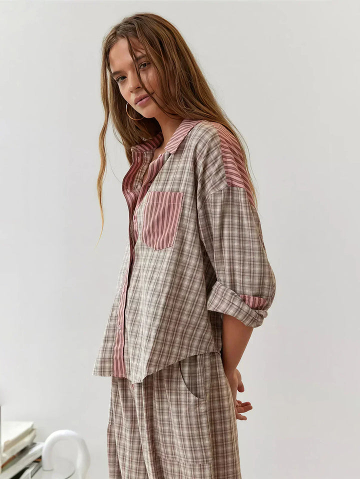 Stylish women's plaid two-piece set for spring, featuring pink and blue checks, matching casual outfit