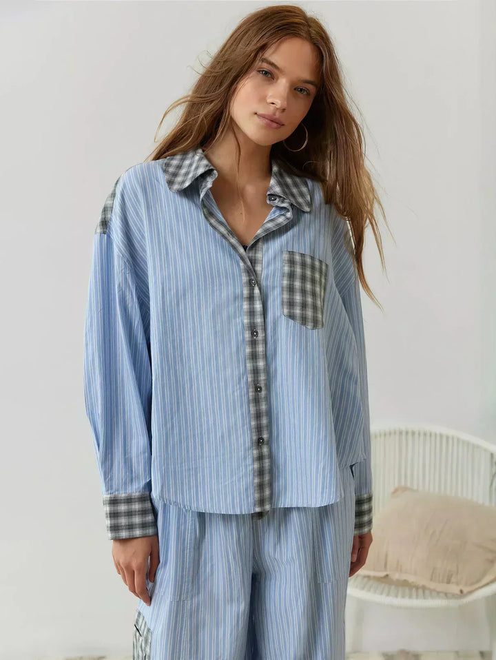 Back view of women's plaid two-piece set in pink and blue, showcasing the casual spring outfit style