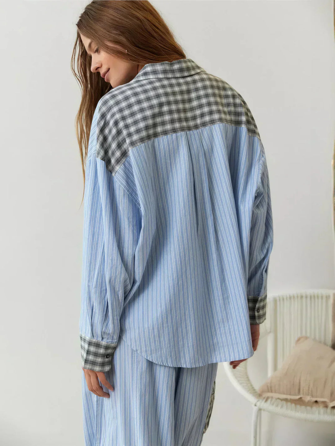 Women's matching pink and blue plaid top, part of a trendy two-piece set for spring casual wear