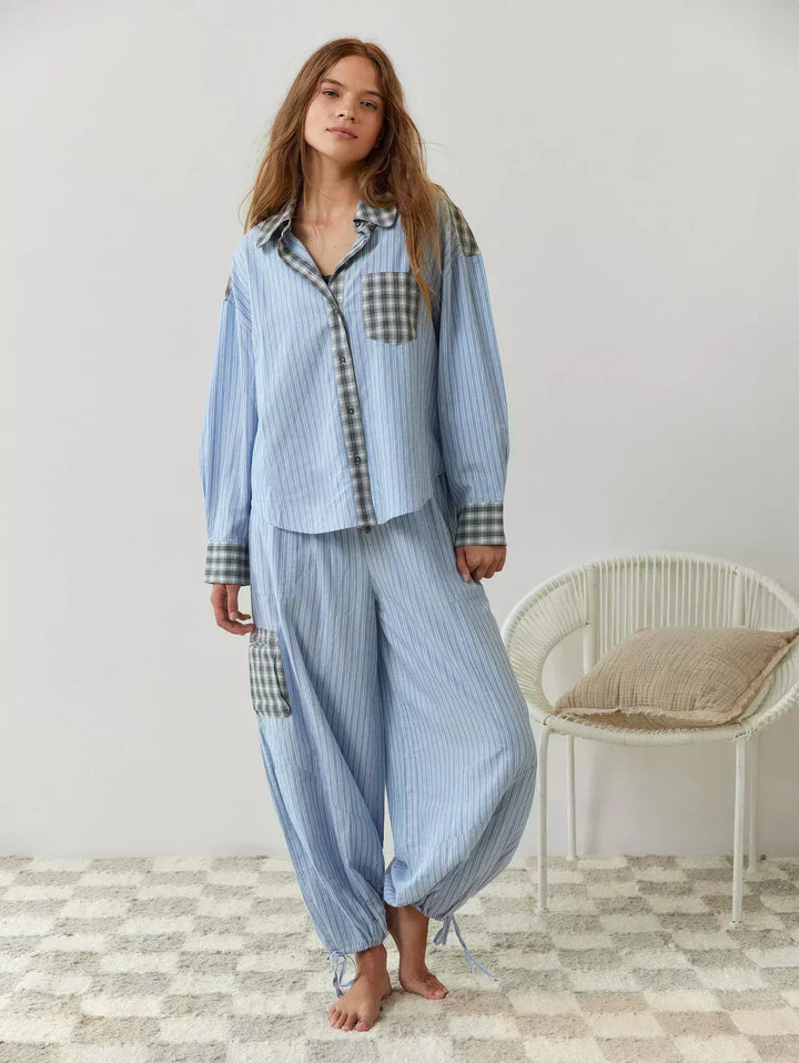Vibrant pink and blue plaid two-piece set, a comfortable and stylish women's casual spring outfit
