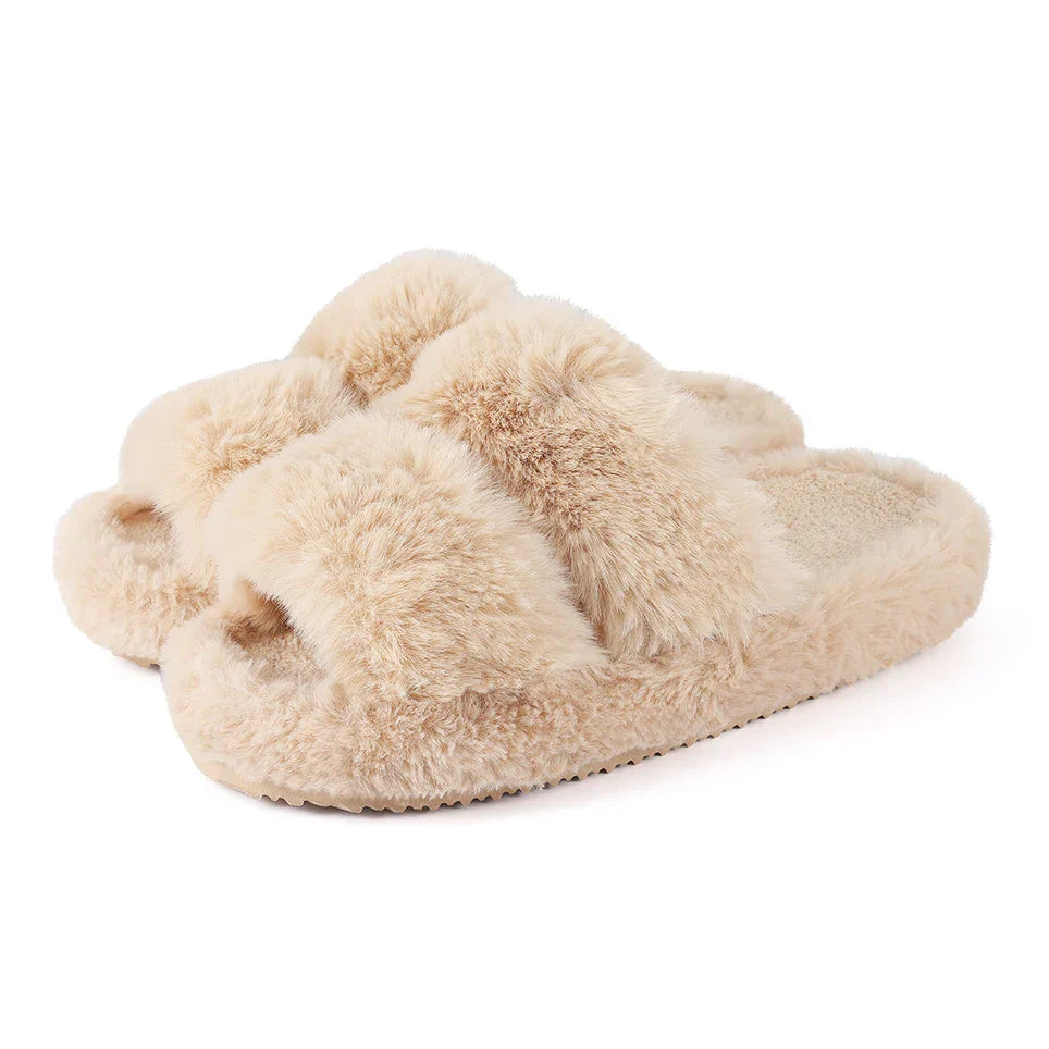 Soft cream women's house slippers with luxurious faux fur lining for comfort