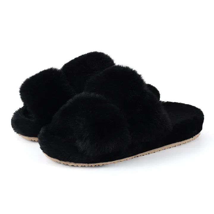 Black faux fur slide slippers for women, ideal cozy footwear for indoor use