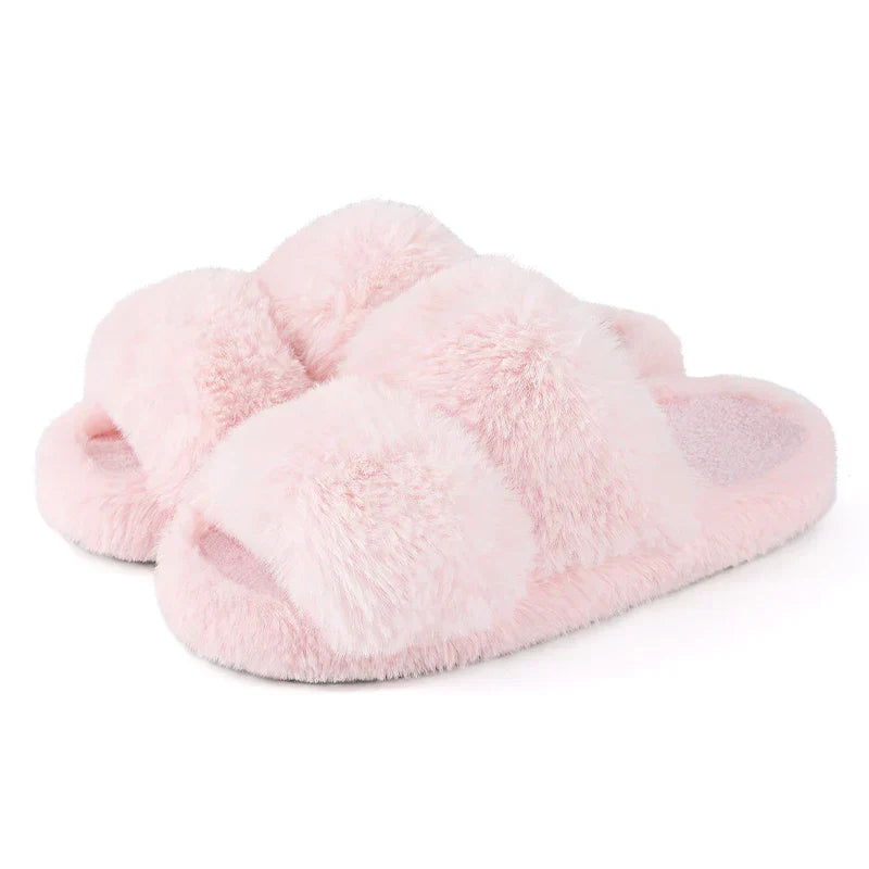 Close-up of the soft faux fur texture on women's plush house slippers