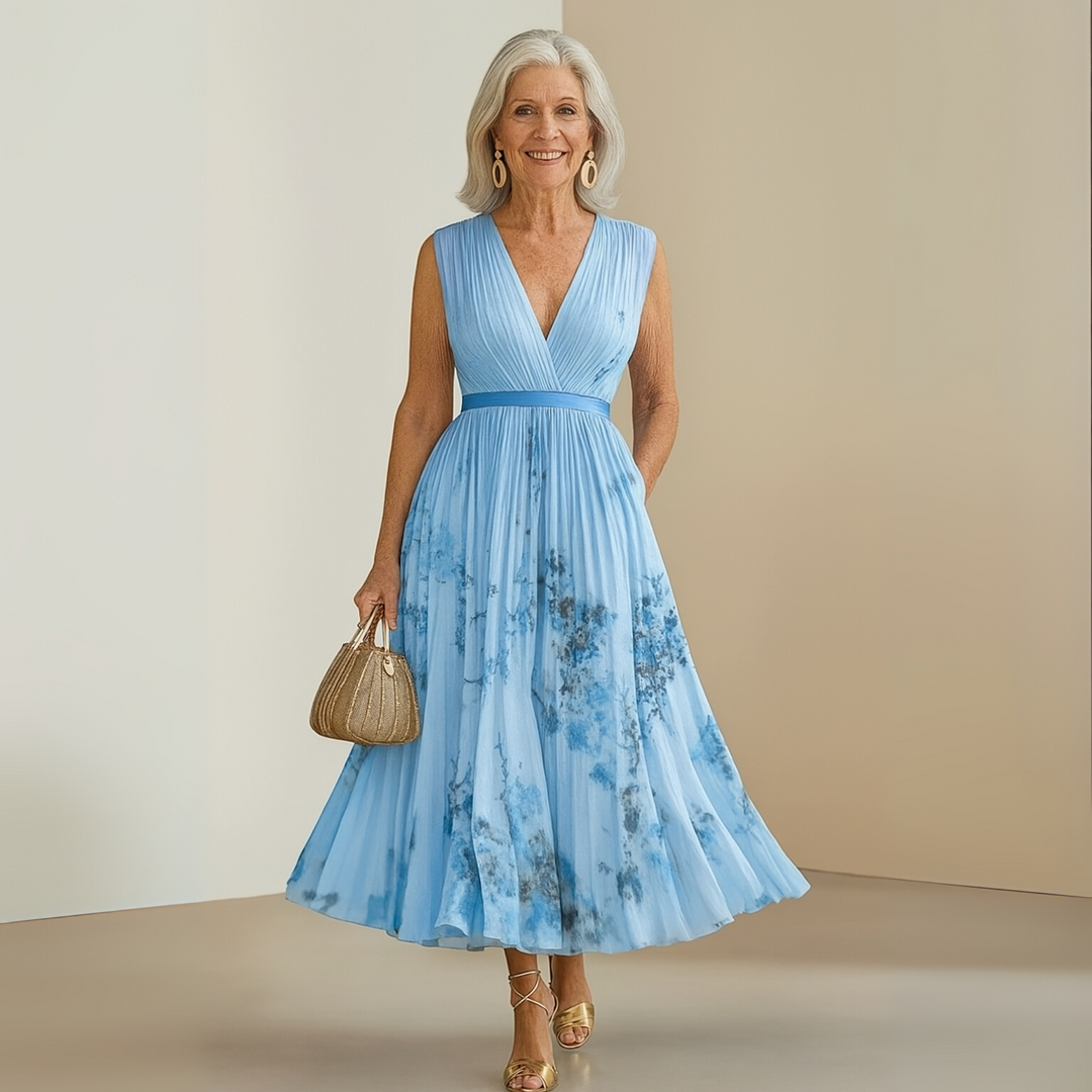 Breezy, flowy women's pleated sleeveless maxi summer dress with a flattering V-neck, ideal for sunny days.