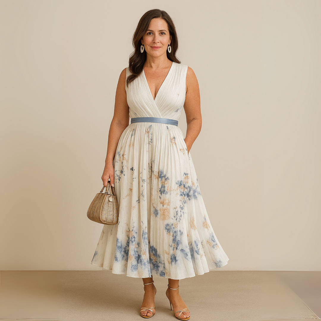 Women's summer maxi dress, pleated, sleeveless, V-neck. Casual yet elegant women's fashion for spring.