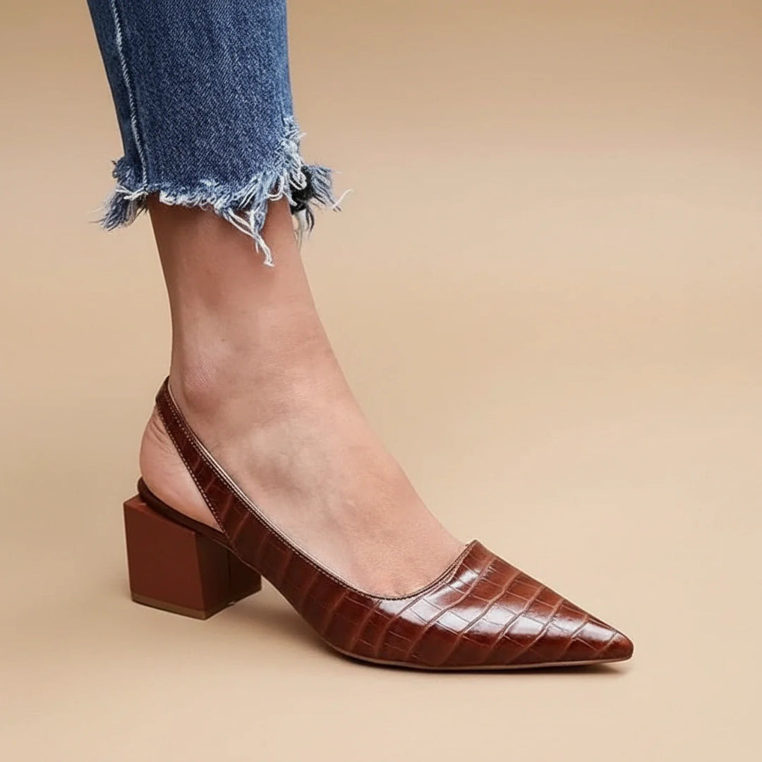 Women's pointed toe orthopedic block heel slingback heels for comfort and style, perfect for elegant workwear.