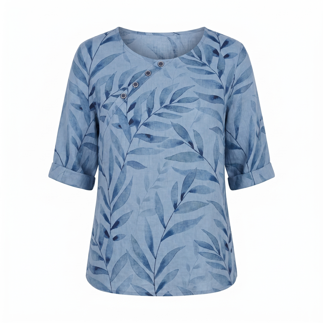 Modern women's printed top, an asymmetric button blouse for stylish apparel & comfort.