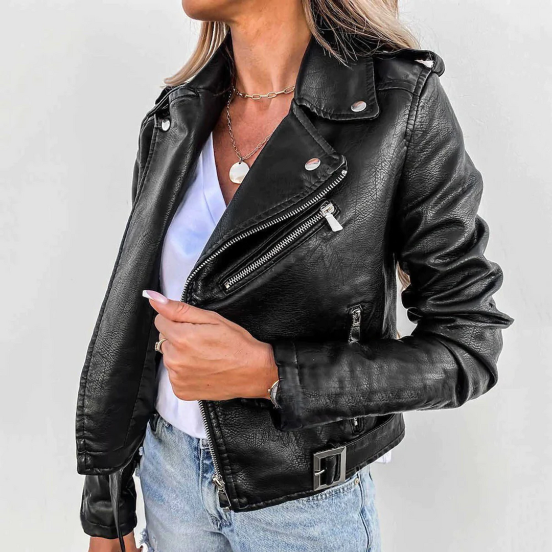 Stylish black women's zip-up biker jacket made from faux leather, ideal outerwear for fashion-forward women.