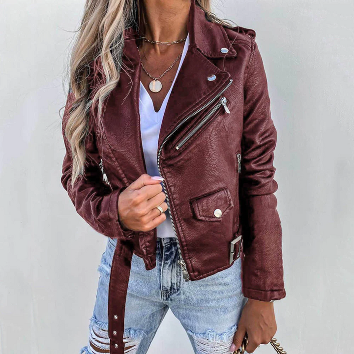 Women's black casual faux leather biker jacket with an asymmetrical zip, a must-have piece of outerwear.