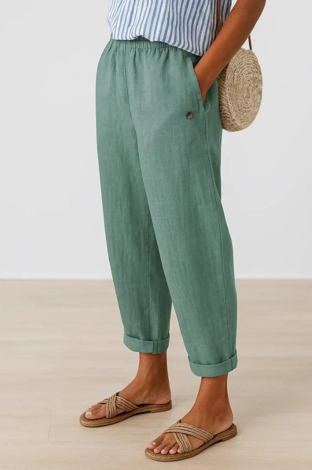 Modern women's relaxed fit ankle pants, casual chino trousers with elastic waist for comfort.