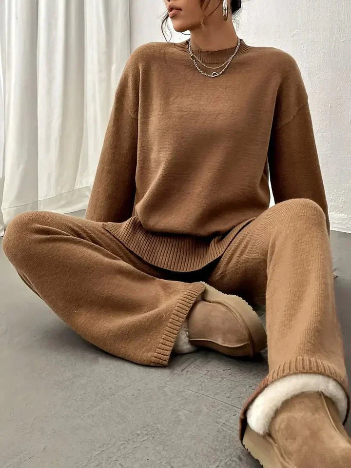 Full shot of a woman in a brown relaxed fit spring two-piece matching set