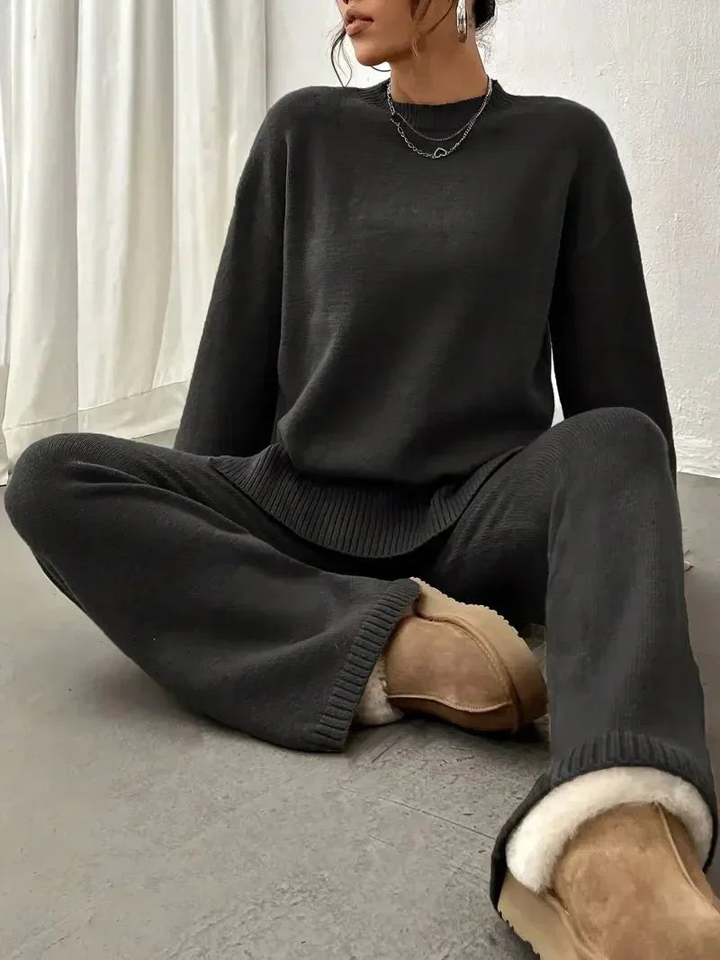 Black comfortable relaxed fit two-piece set, women's everyday spring outfit