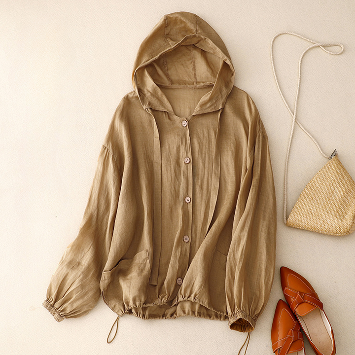 Airy long sleeve women's hoodie with button front, relaxed fit, ideal for warm casual days.