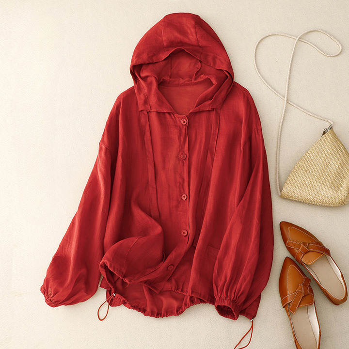 Stylish women's casual long sleeve hoodie, relaxed fit top for warm spring & summer.