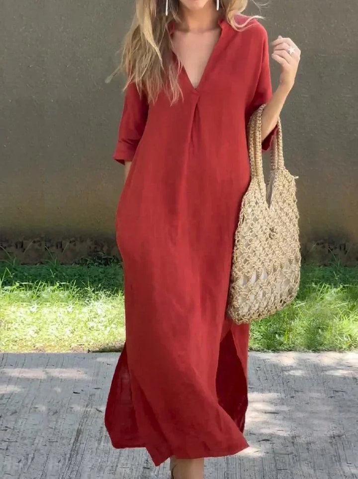 Versatile women's casual maxi dress with relaxed fit V-neck, perfect for everyday wear and comfortable fashion.