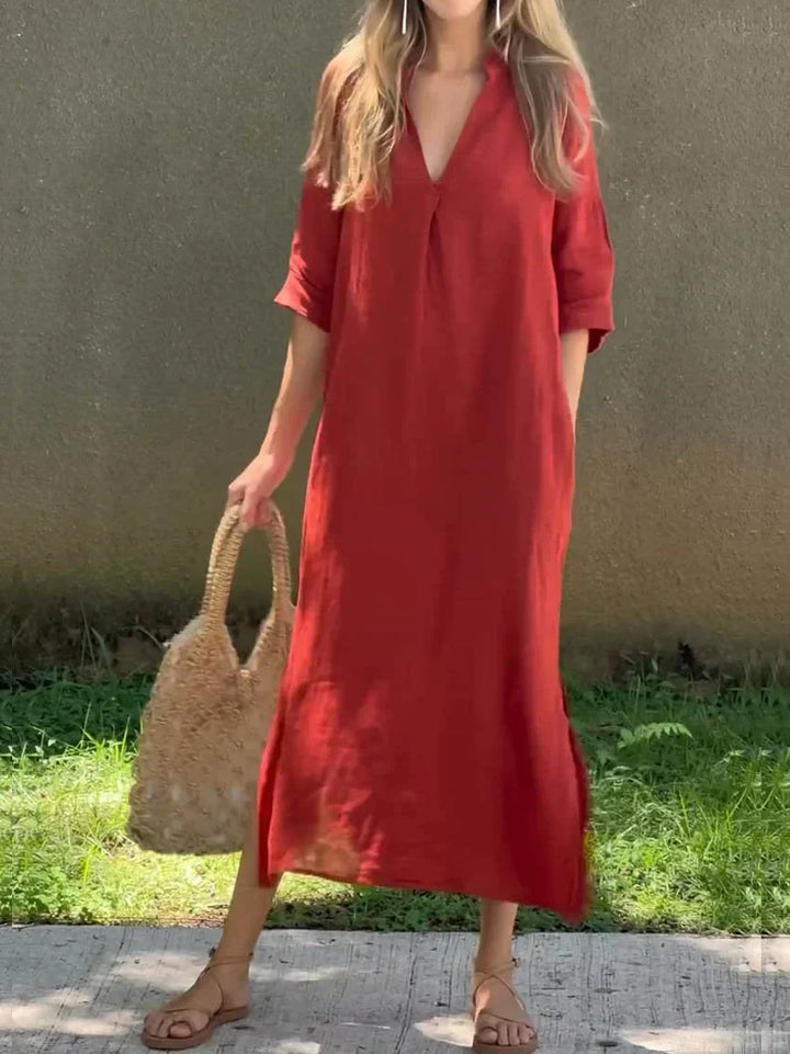 Flowy V-neck casual maxi dress for women, ideal for vacation style and comfortable summer outfits.