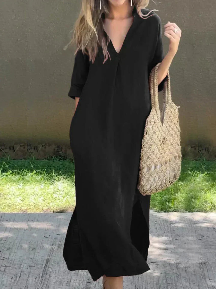 Relaxed fit women's V-neck maxi dress, perfect casual summer style for everyday or vacation comfort.