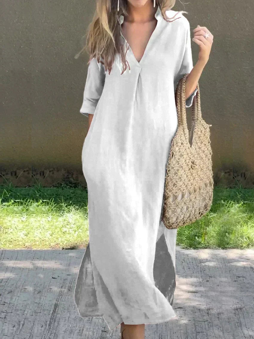 Comfortable women's casual maxi dress, relaxed V-neck, offering effortless summer style and everyday wear.