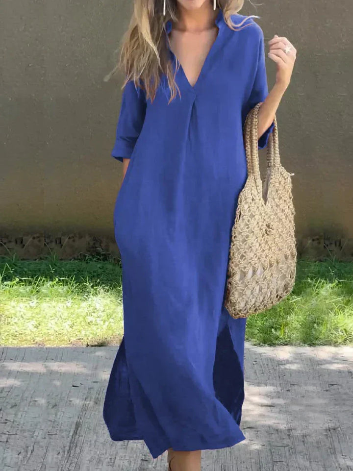 Women's V-neck relaxed fit casual maxi dress, comfortable and flowy, great for summer fashion & everyday comfort.