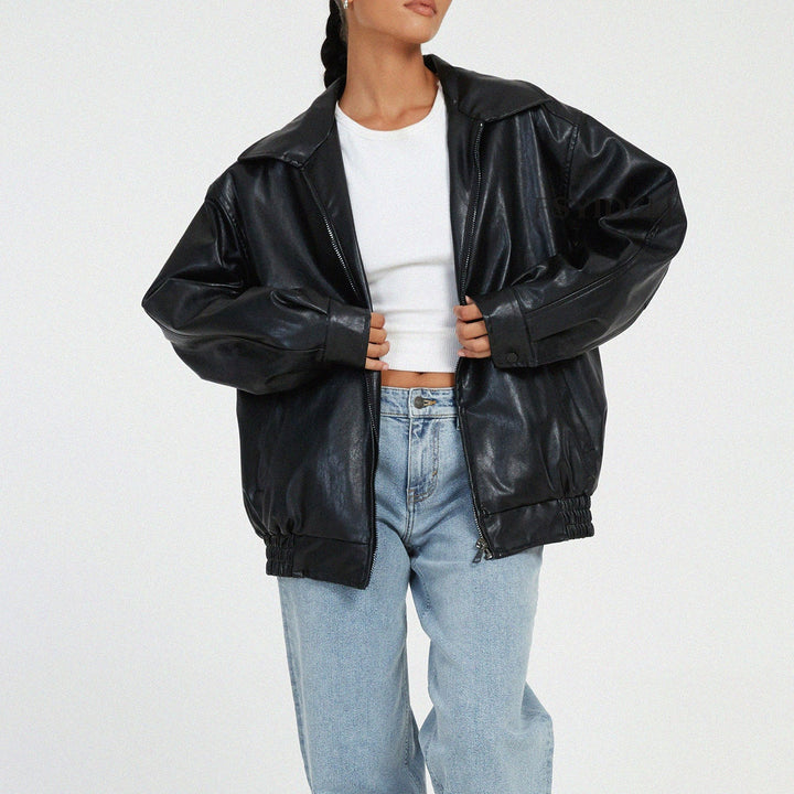 Women's relaxed fit casual trendy jacket, oversized zip-up outerwear in a neutral tone