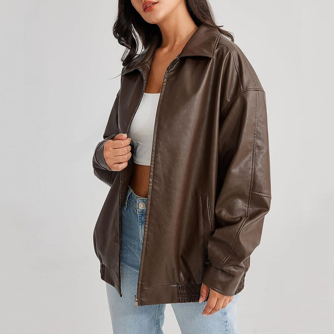 Trendy casual outerwear for women, a relaxed fit zip-up jacket in a versatile color